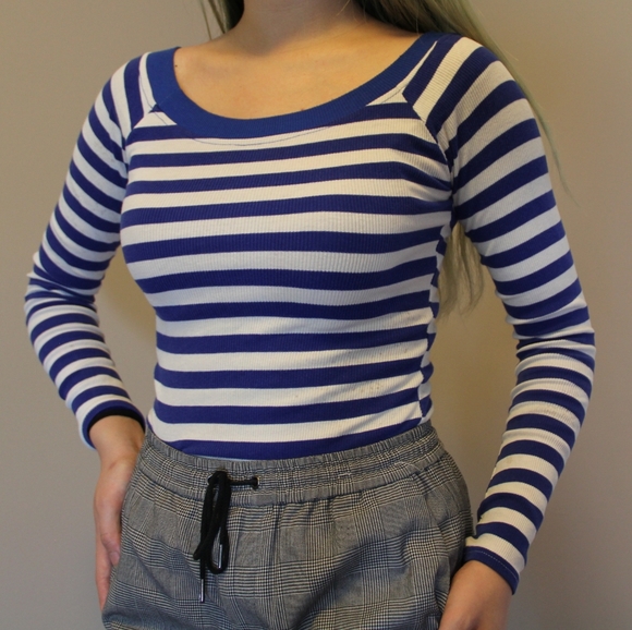 Blue striped long sleeve wide neck top - Picture 2 of 4